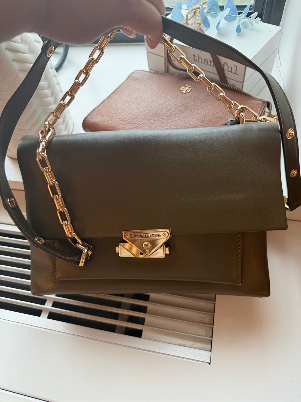 Michael Kors Olive Green Leather Chain Shoulder Bag with Gold Hardware
